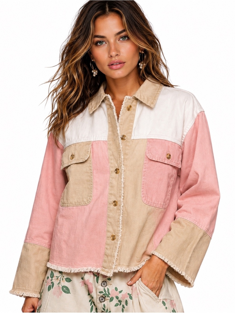 Easel Pink Multi Collared Long Sleeve Jacket